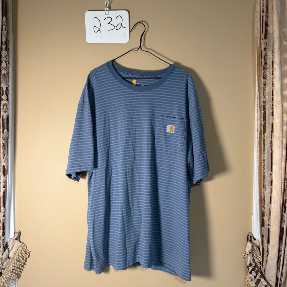 Carhartt K87 Striped Pocket Tee Mens XL Blue Grey Original Fit Short Sleeve